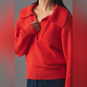NWT Maeve Anthropologie V-Neck Polo Sweater in Vibrant Orange Sz S
